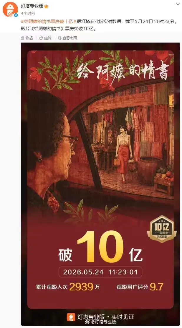 电影《给阿嬷的情书》票房破10亿，成近年来最强黑马