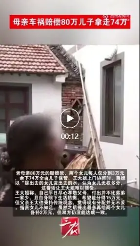 浙江一女子母亲车祸去世赔偿80万元，弟弟拿走74万元，弟媳称“嫁出去的女儿泼出去的水”；当事人：难以接受