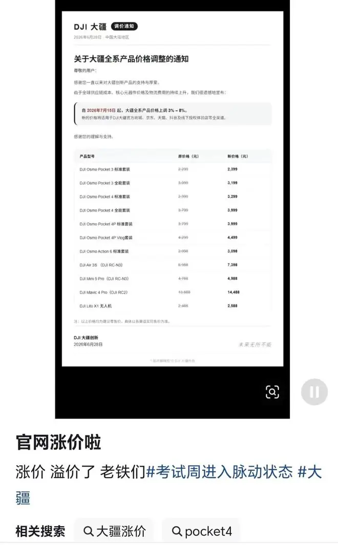 大疆将上调全系产品价格？公司回应