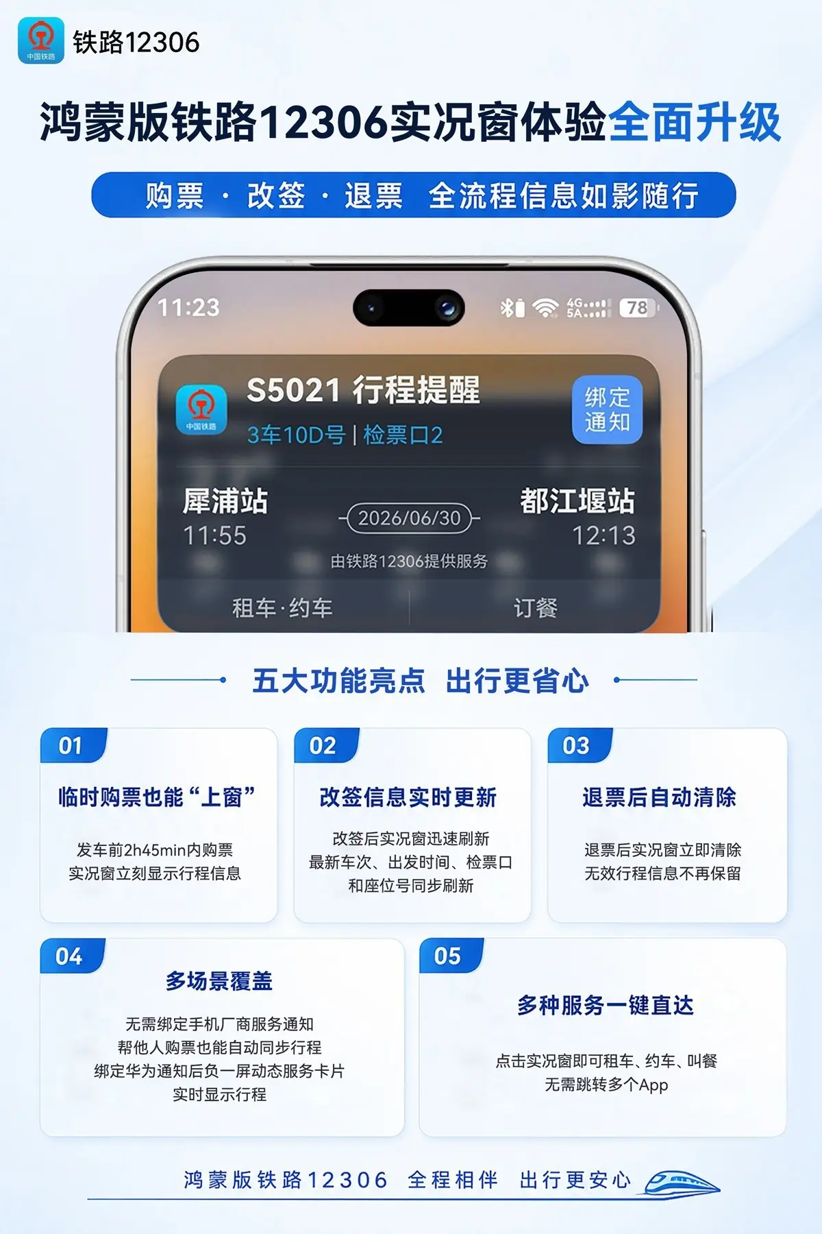 暑期出行更省心！鸿蒙版铁路12306实况窗升级，临时购票也能秒“上窗”