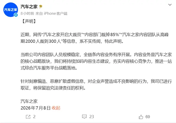 网传裁员85%、内容团队从2000人砍到300人 汽车之家辟谣：假的，已取证