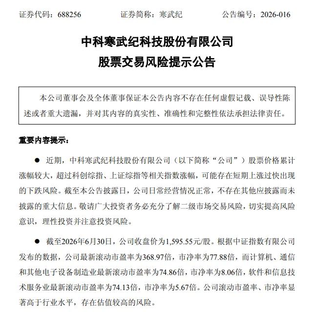 中科寒武纪发布股价风险提示：估值远超行业均值，警惕回调风险