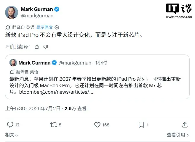 古尔曼：苹果2027春季更新iPad Pro机型，升级M6/M7芯片