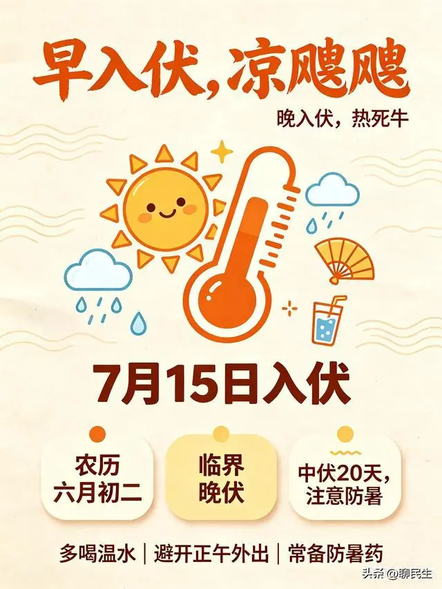 “早入伏，凉飕飕；晚入伏，热死牛”，7月15日入伏，算早还是晚
