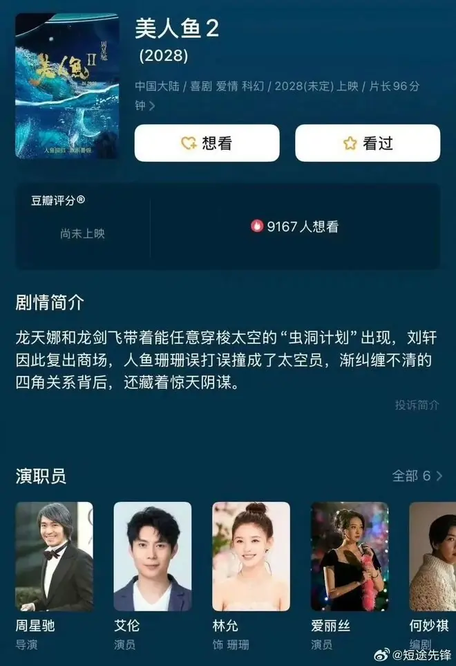 周星驰导演电影《美人鱼2》或将在2028年上映，杀青已8年，由艾伦、林允主演，邓超、张雨绮未出演，已有11万人标记想看