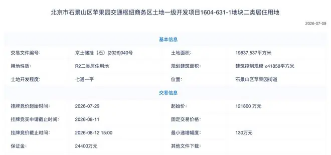 石景山核心区地价回调？越秀天玥隔壁地块挂牌，楼面价2.9万/㎡