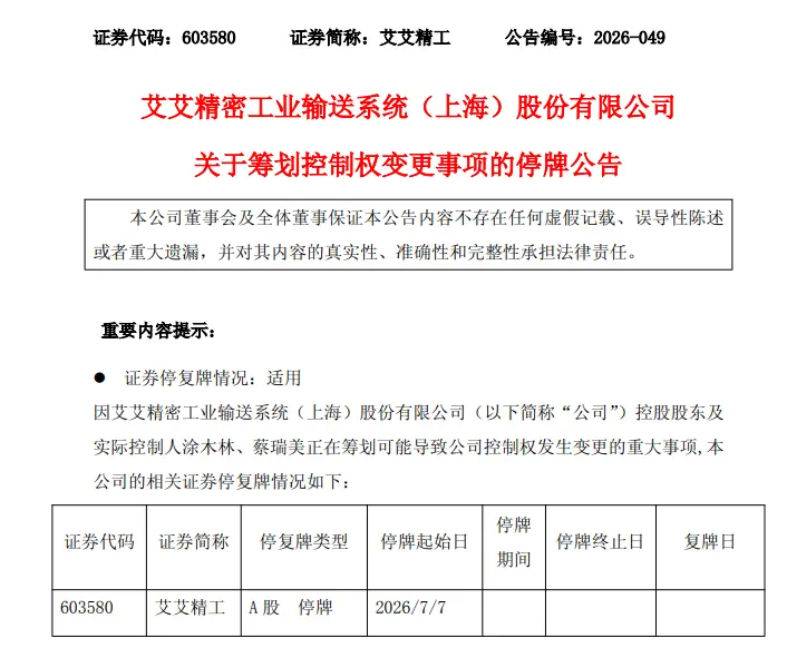 603580，筹划控制权变更，明天停牌，股价3天2涨停