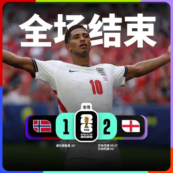 英格兰2-1挪威晋级四强！贝林厄姆梅开二度
