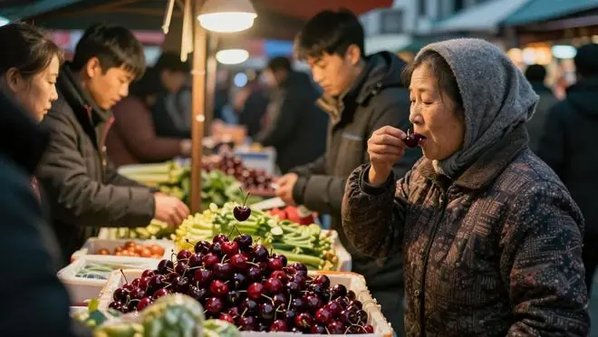 大妈狂吃2斤车厘子后想溜，摊主叫住她：那份380，大妈愣住了