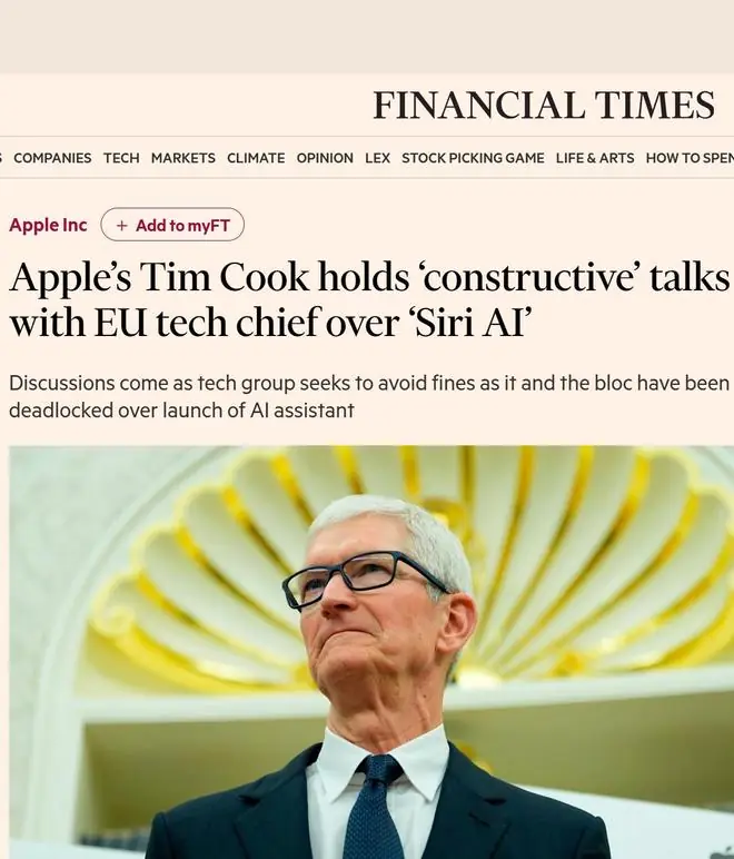 苹果CEO库克与欧盟官员就Siri AI僵局举行会谈，寻求合规与免罚方案