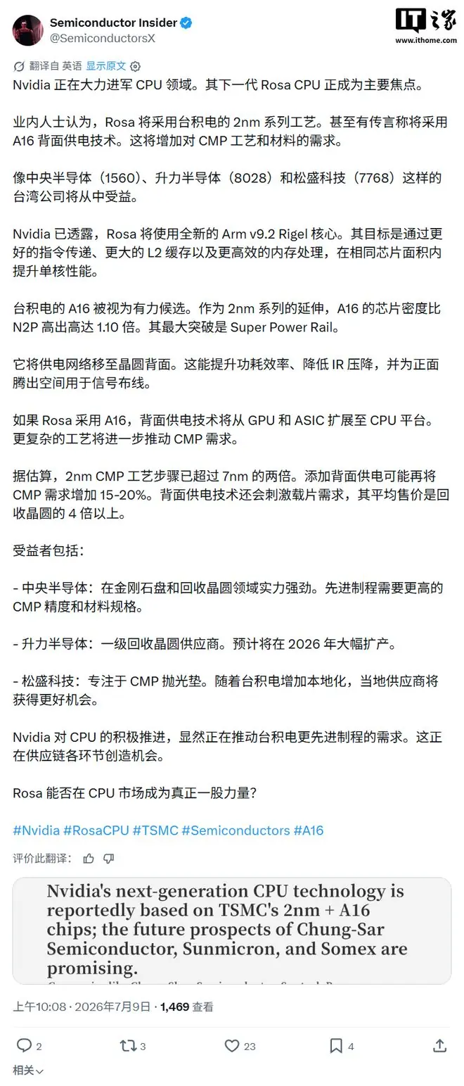 消息称英伟达Rosa CPU采用台积电A16工艺，搭配背面供电技术