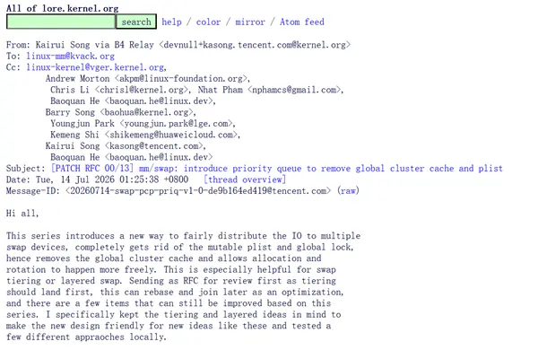 腾讯工程师提交Linux内核RFC补丁：重构交换设备I/O分配机制