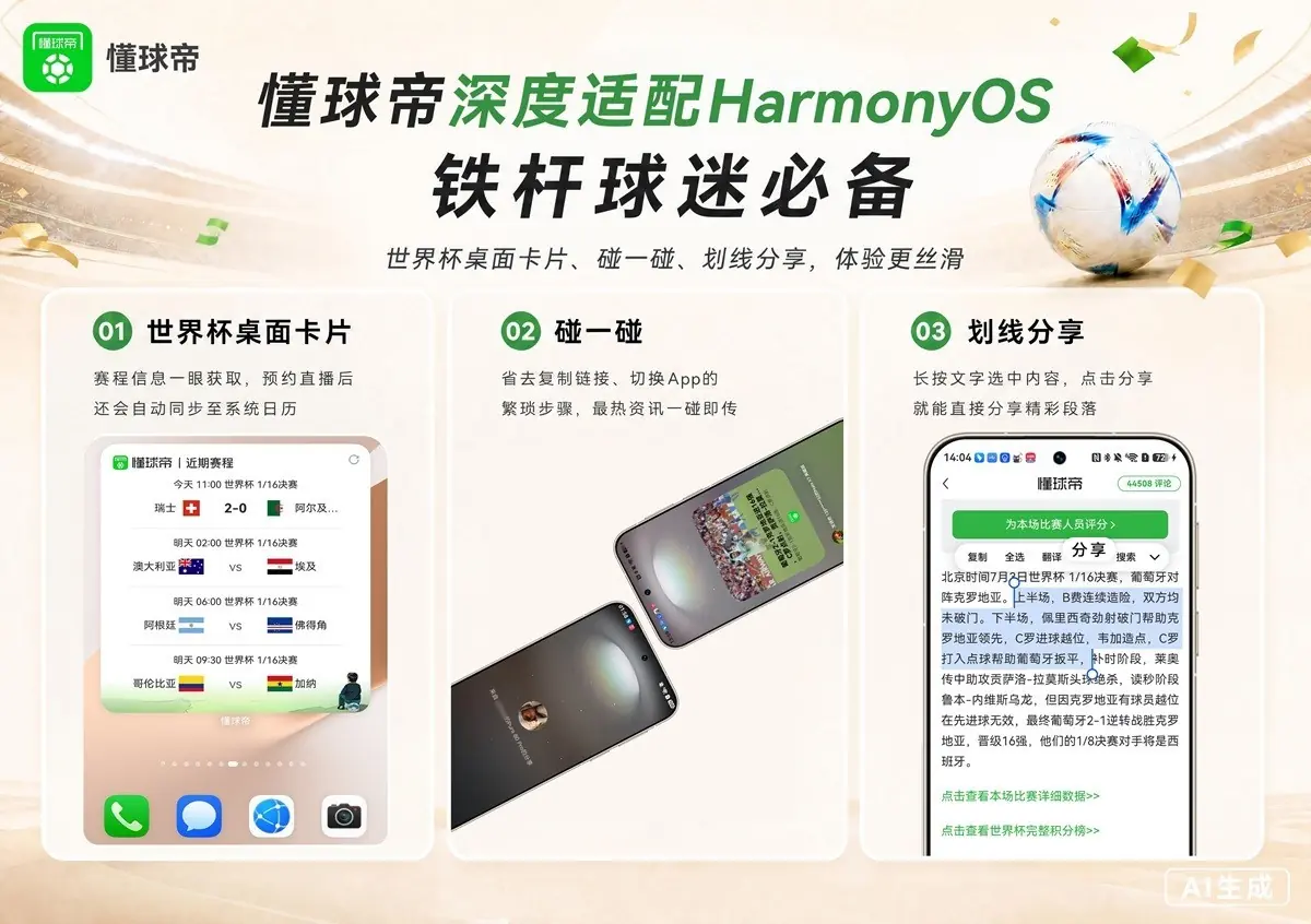 碰一碰、划线分享、世界杯桌面卡片，铁杆球迷必备鸿蒙版懂球帝！