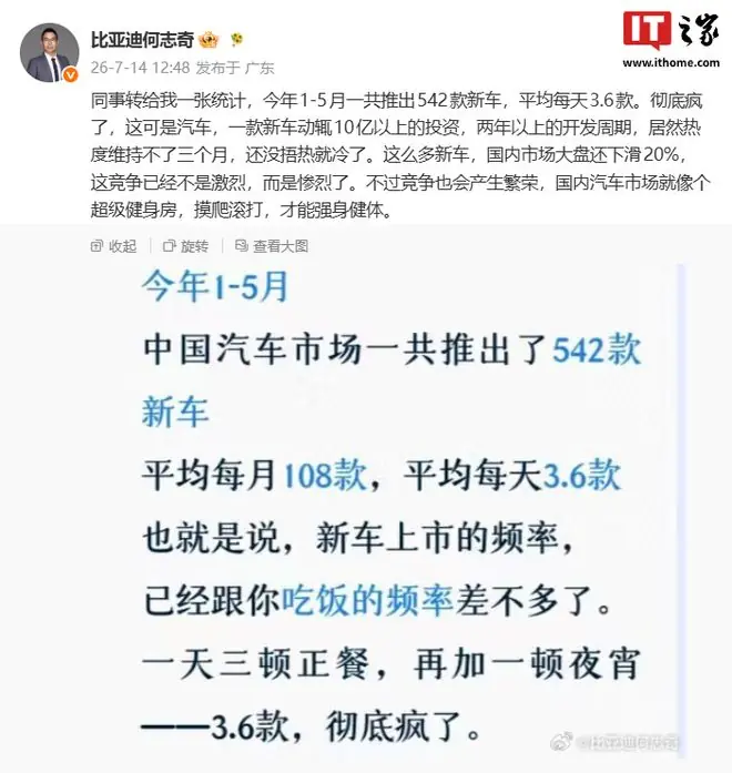 比亚迪何志奇谈“国内今年1-5月共推542款新车”，称竞争惨烈