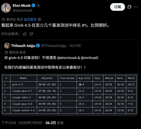 xAI发布Grok 4.5：编程能力登顶全球，88分创评测新高