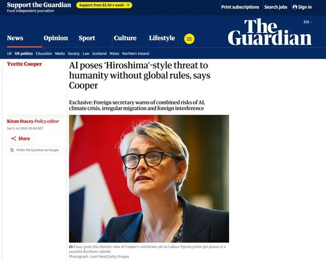 英国外交大臣库珀警告：AI或成未来10年最大安全挑战