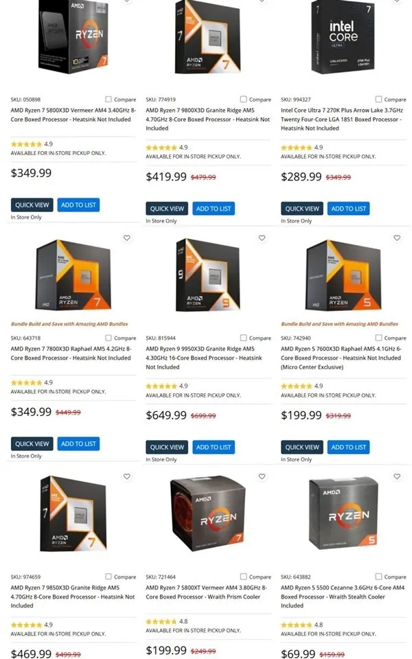 AMD锐龙X3D处理器霸榜Micro Center销量前十，Radeon显卡份额持续攀升