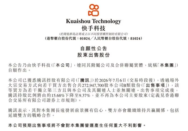 快手公告：腾讯减持，不再为公司主要股东
