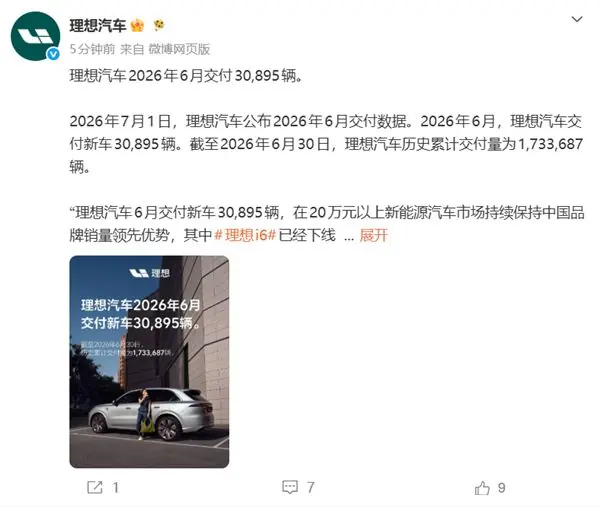 理想汽车6月交付30,895辆！i6已蝉联四个月中大型SUV销冠