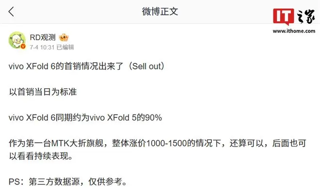 vivo X Fold6折叠屏手机首销情况曝光，同期约为上一代的90%